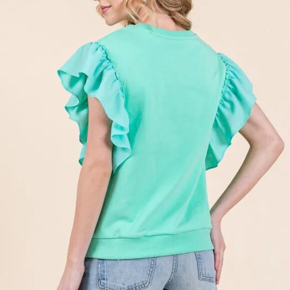 ✨NWT Lime 'N' Chili Solid Shoulder Ruffle Detail Round Neck Top - Picture 3 of 9